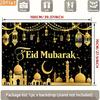 2D Flat Eid Mubarak Background, Black Gold Moon & Mosque Theme Backdrop for Muslim Festival