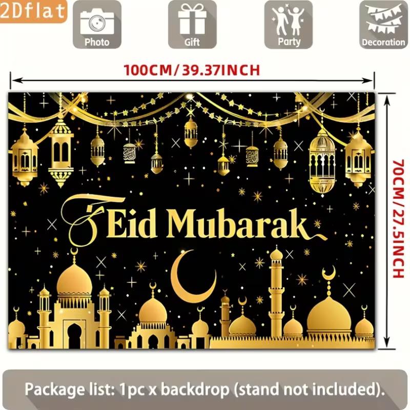 2D Flat Eid Mubarak Background, Black Gold Moon & Mosque Theme Backdrop for Muslim Festival