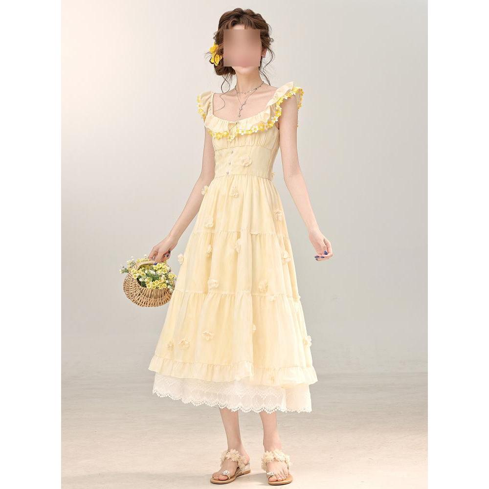 

Французское платье-сарафан с квадратным вырезом и трехмерными цветами с открытыми плечами для девочек и девушек на лето, новое темпераментное и стройнящее длинное А-силуэта XL- (recommended 110-60kg) светло-желтого