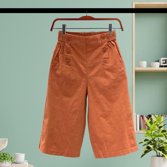 Women Cropped Pants Elastic High Waist Summer Thin Casual Pants with Pockets