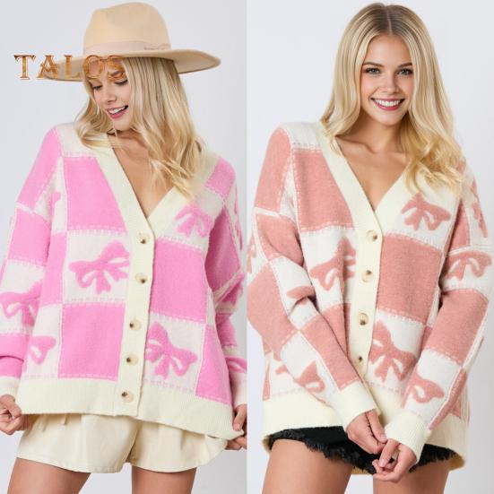 Women Autumn Winter Sweater V-Neck Long Sleeve Single Breasted Knitting Sweater Bowknot Plaid Print Sweater Coat