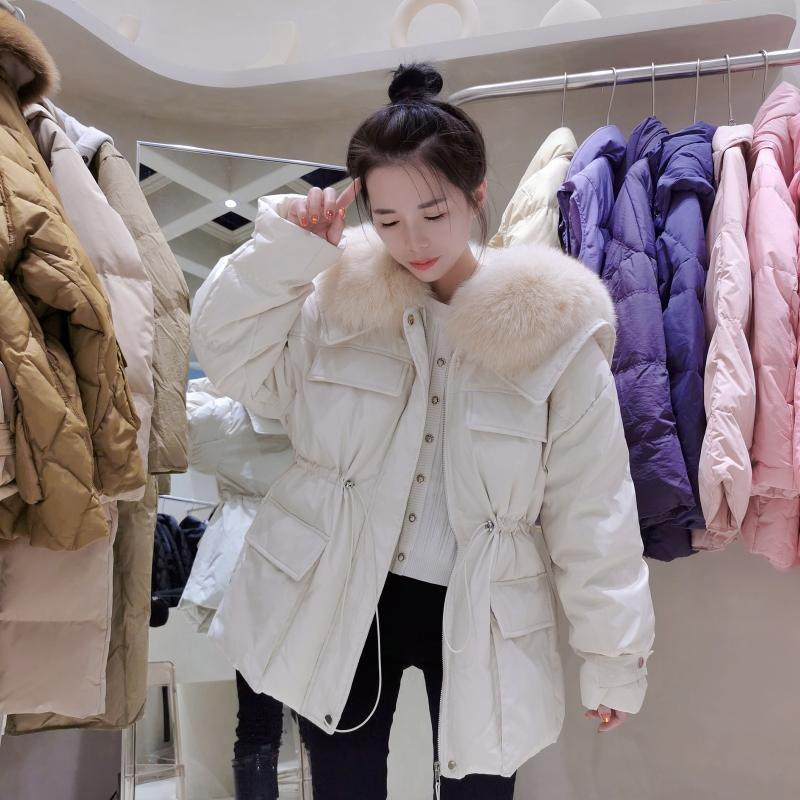 Womens Short Puffer Jacket With Real Fox Fur Collar Drawstring Waist Loose Fit Down Fill Winter