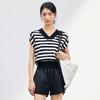 JOY SPEAKER Women's V-Neck Striped Short Sleeve Knitted Top