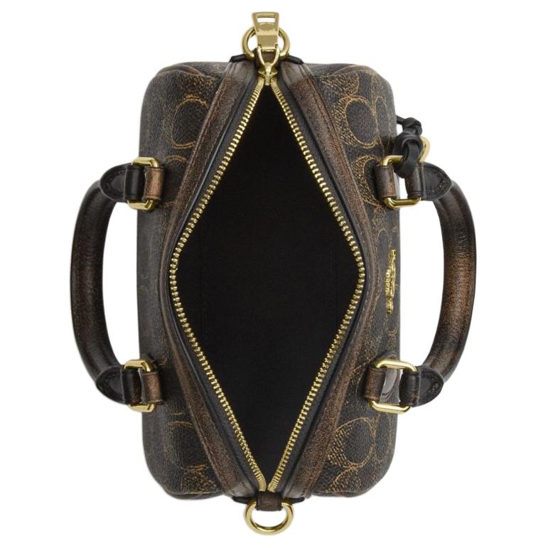 Coach Brown Signature Canvas Mini Rowan Duffle Bag with Leather Trim & Gold Hardware for Daily Use