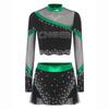Womens Cheerleading Costume Set Long Sleeve Rhinestone Crop Top Matching Dance Skirt Performance Outfit