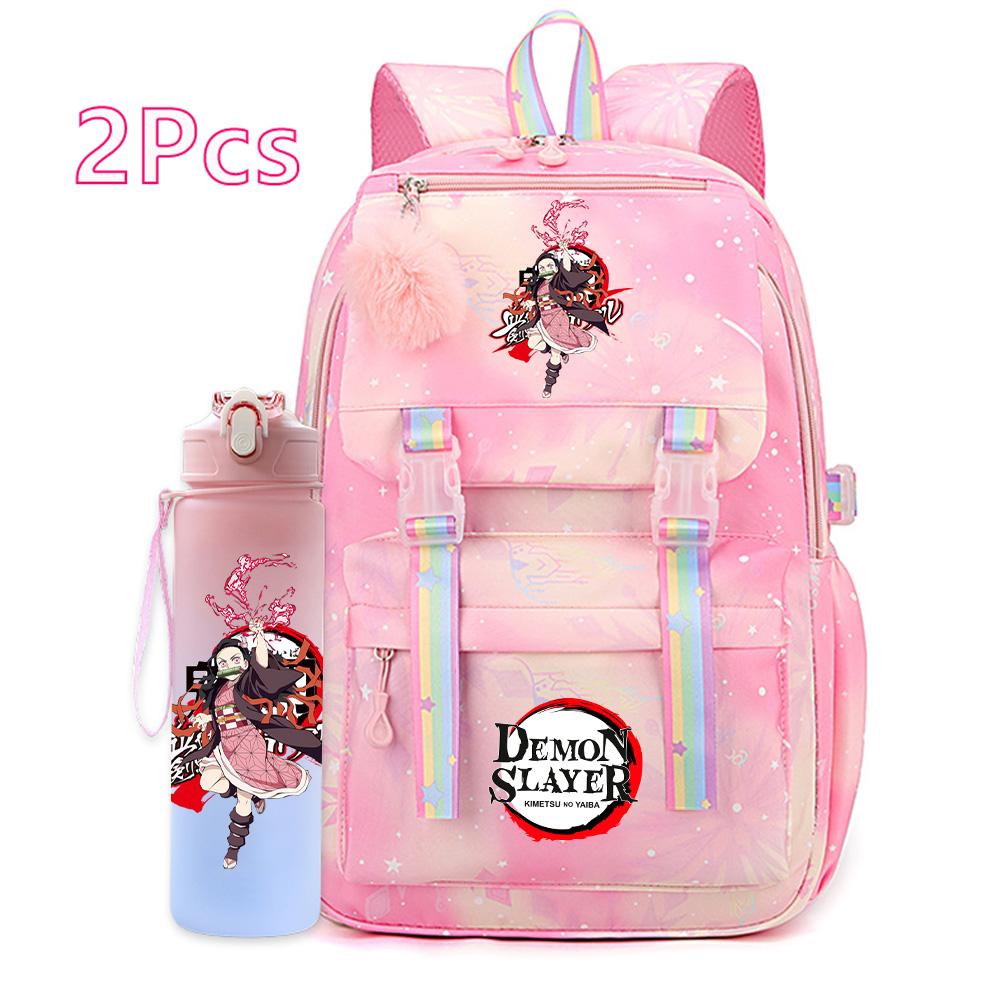 2Pcs/set Cartoon Demon Slayer Printed Backpack with 750Ml Water Bottler for Teenager Bookbag Large Capacity Waterproof Travel Bag