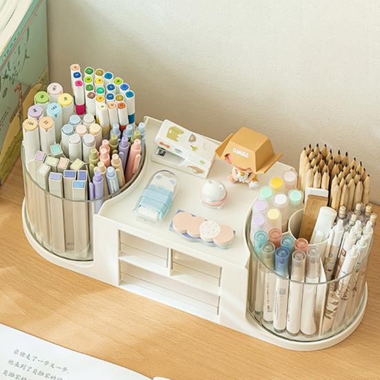 Pen Holder with Drawer Desk Organizer Transparent Rotatable Design Large Capacity Pencil Pen Holder Storage Box