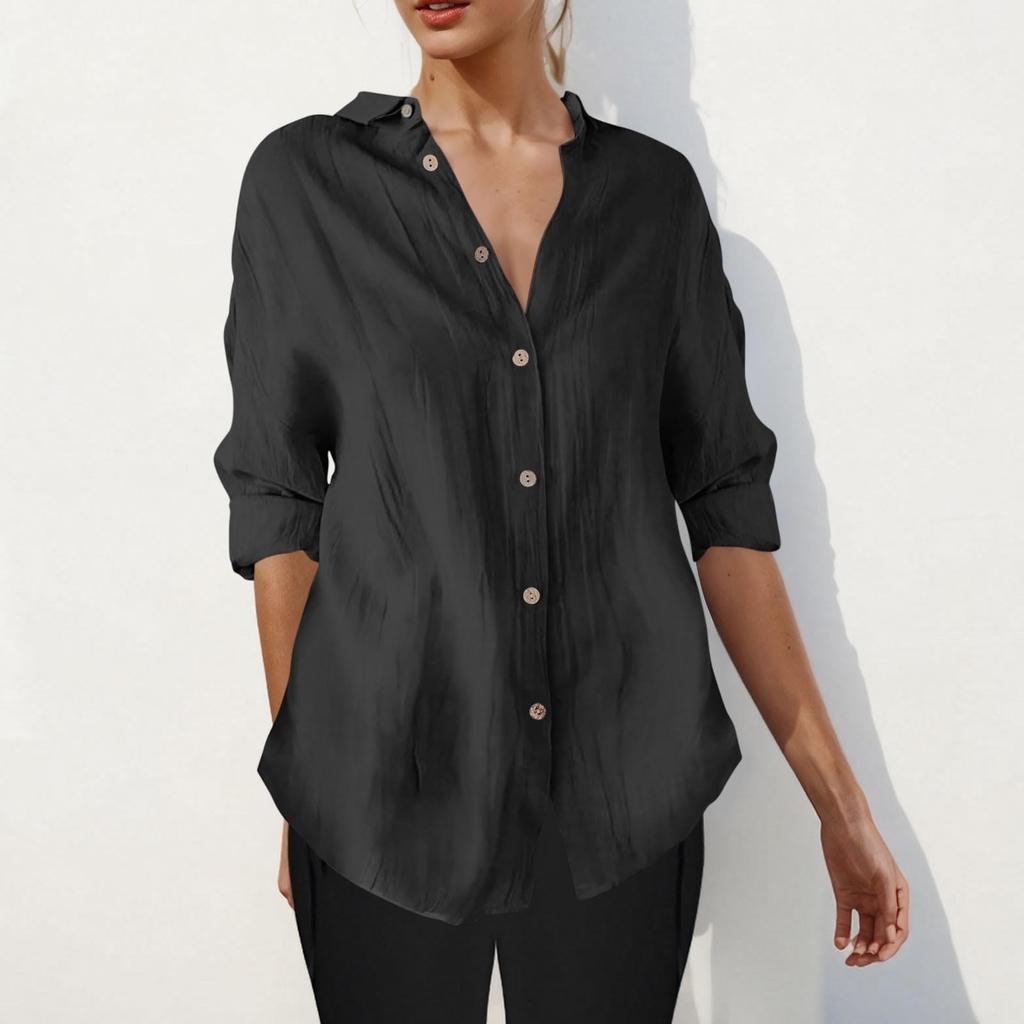 Long Sleeve Linen Shirts For Women Button Down Loose Solid Color Blouse Lightweight Casual Lapel Tunic Tops