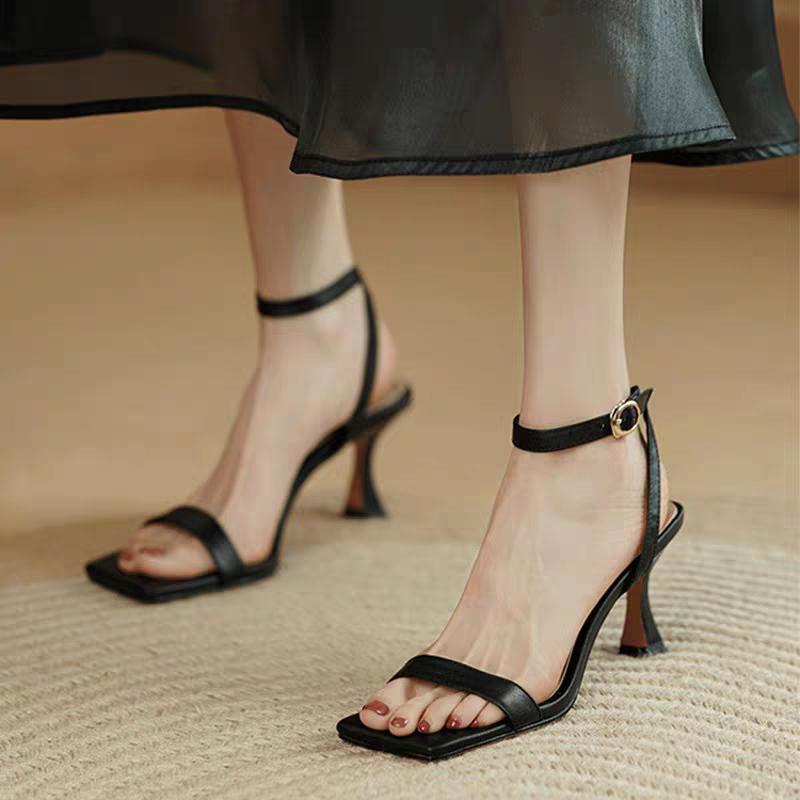 NEW Ankle Strap High Heeled Sandals Women Fashion Pu Leather Square Toe Sandles Woman Summer Buckle Party Pumps Shoes Female
