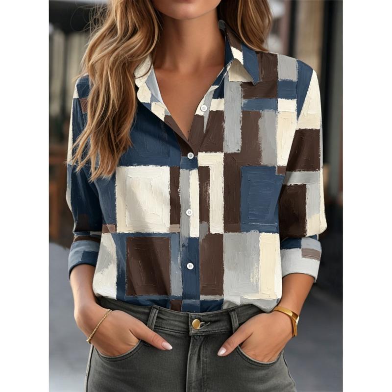 Women's Lapel Long Sleeve Geometric Print Button-Up Shirt, Stylish Casual Regular Tops for Spring Summer Daily Office Wear