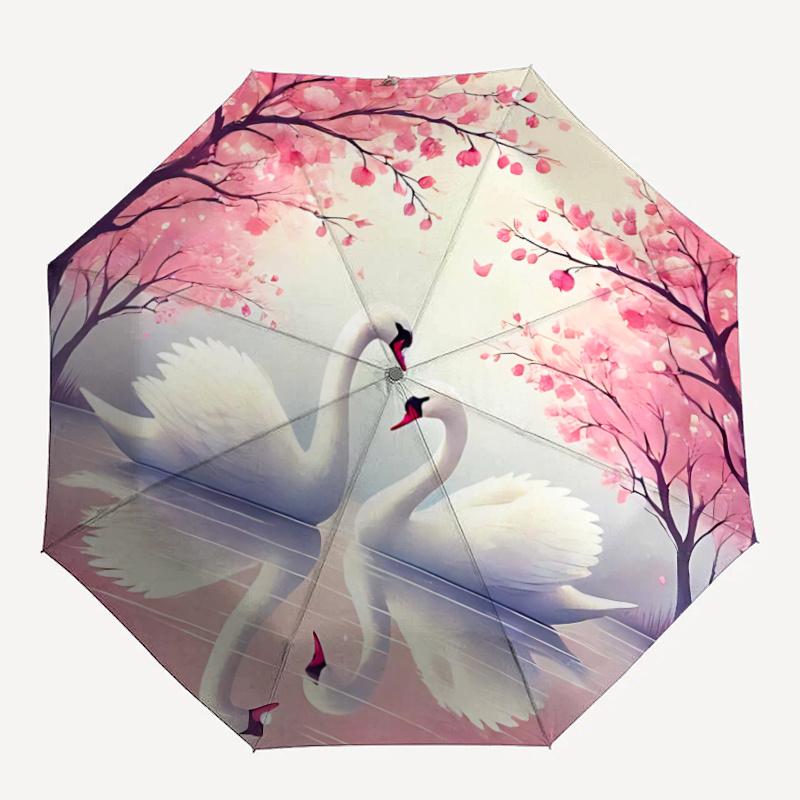 

1pc Swans, Cherry Blossoms Automatic Open/close Umbrella, 8-Rib sturdy structure, Auto Folding/Opening, Portable Travel Umbrella for Women, Parties