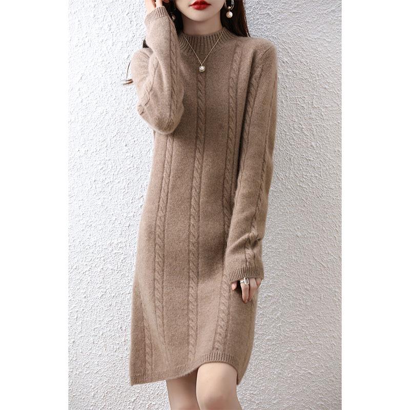 

Женское трикотажное платье-свитер из шерсти средней длины с высоким воротником - Свободный крой для осени/зимы 2XL