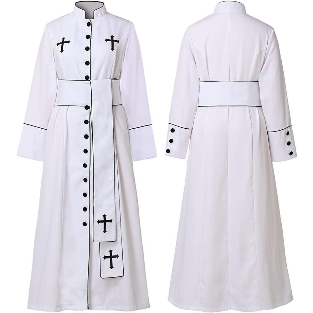 Women's Priest Robe With Stand Collar Roman Cassock Belt Street Style White/black Xs-5xl