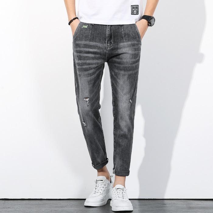 

Мужские джинсы стрейч, рваные брюки, универсальные, облегающие, брюки длиной девять точек 38