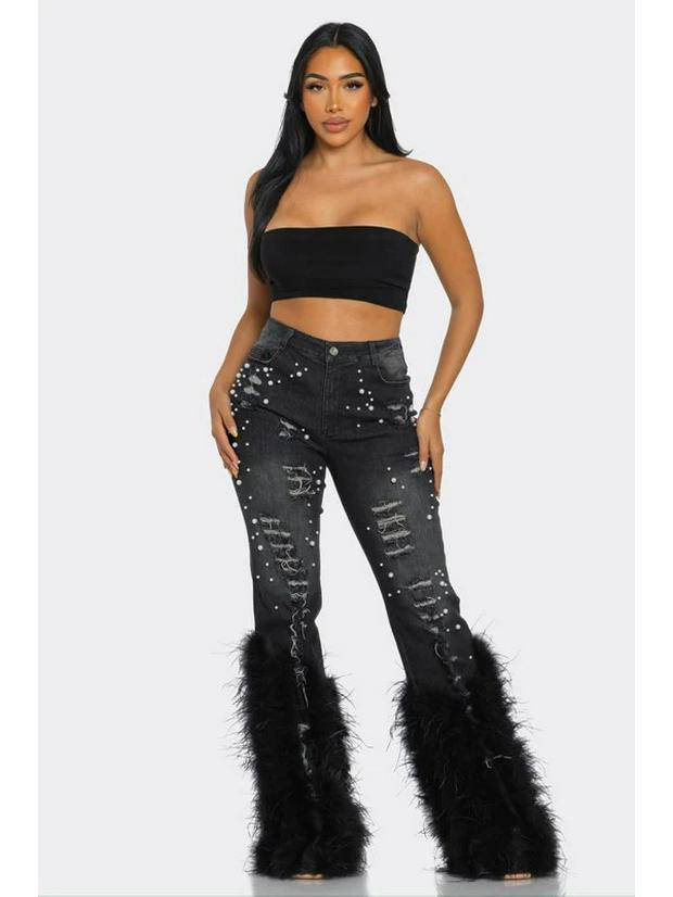2024 Women's Versatile High-Waisted Distressed Pearl Feather Jeans - European and American Style