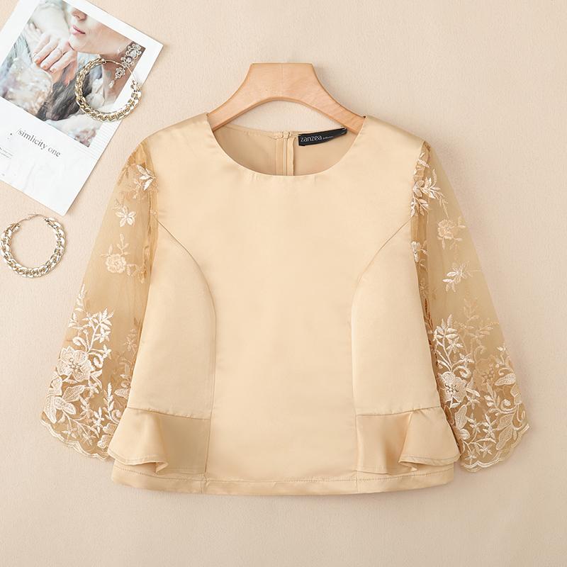 ZANZEA Women Casual Lace Splice 3/4 Sleeve Elegant Slim Blouse