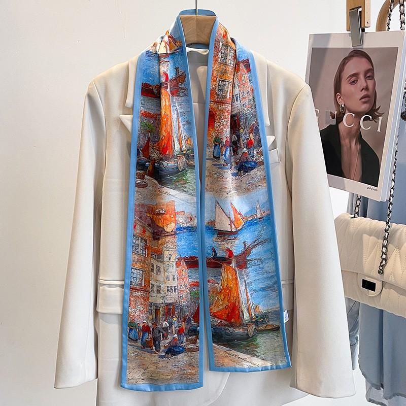 Womens Pink Silk Scarf Long Satin Shirt Horse Print Hair Band