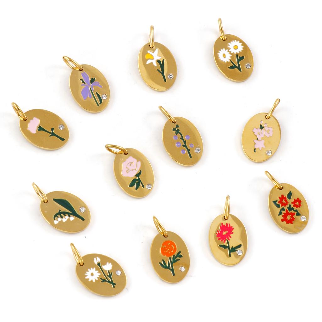 1 Piece 304 Stainless Steel Birth Month Flower Charms Enamel Oval Flower Clear Cubic Zirconia Pendants DIY Necklace 20mm X 11mm