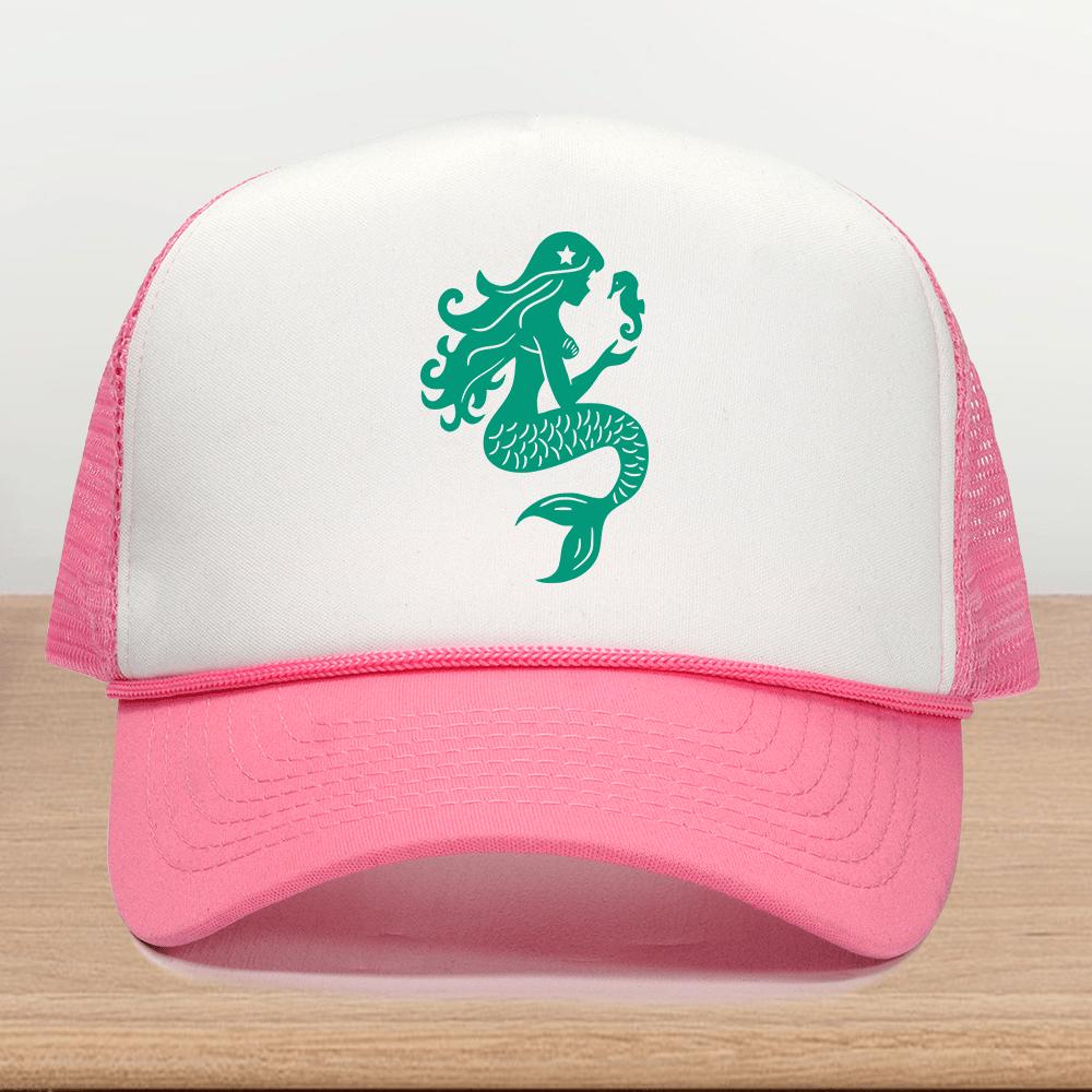 Mermaid and Seahorse Graphic Trucker Hat Polyester Mesh Snapback Cap Casual Unisex Adult Headwear