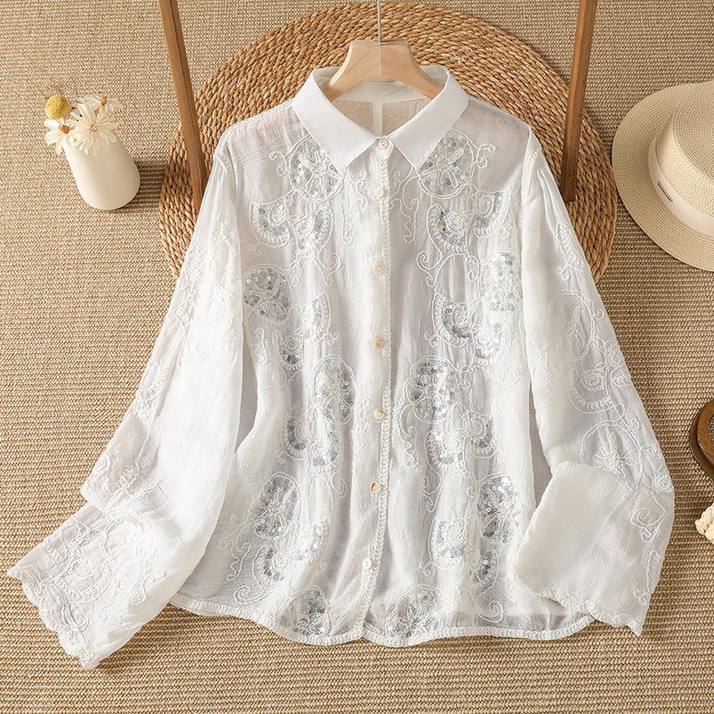DIMANAF 2026 Women Blouse Plus Size New Autumn Shirt Long Sleeve Embroidery Lace Floral Casual Loose Thin Lady Tops Shirts Beading