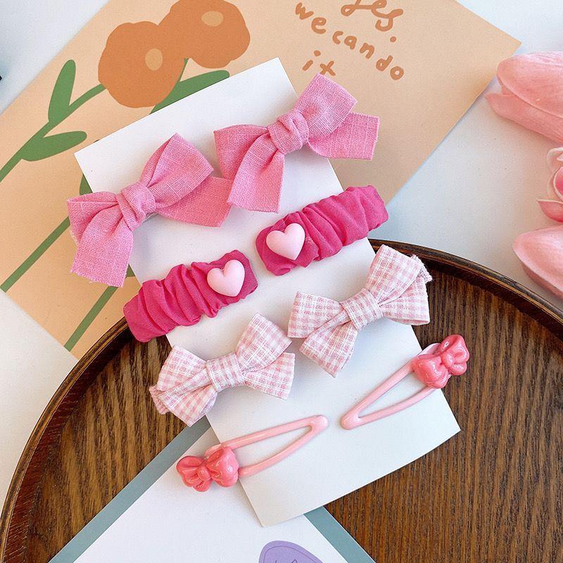 8PC Cute Pink Color Clips Plaid Bowknot Hair Drop Clips Lace Hairpins Flower Hairpins BB Barrettes