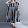 Real Shot Summer New Literary Large Size Loose Splicing Striped Short-sleeved Dress Women's Long Dress