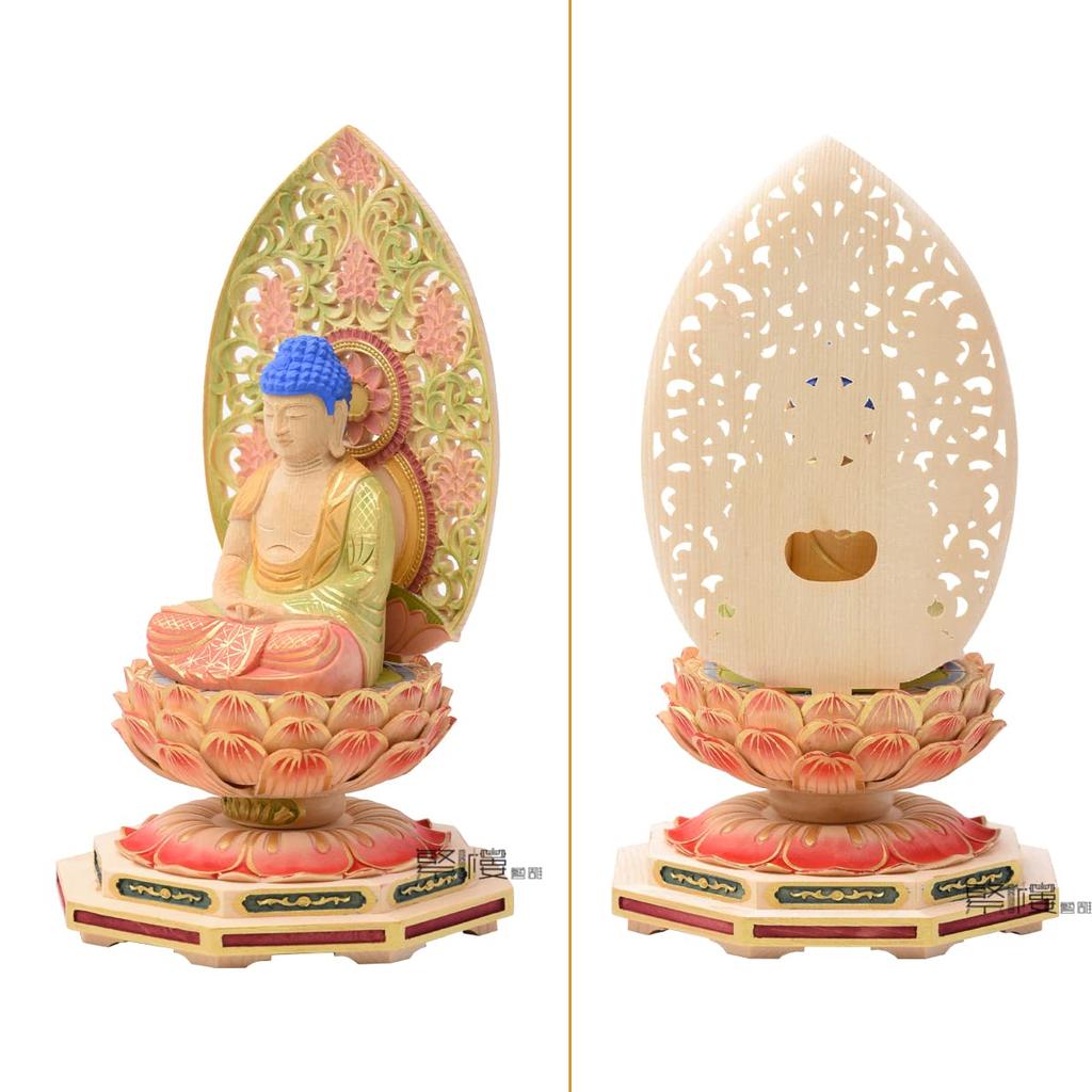 Hanro Art Sculpture Buddha Statue Amitabha Nyorai Tendai Sect Inches Made of Cypress Wood Carving Octagonal Base Arabesque Halo Born In the Year of
