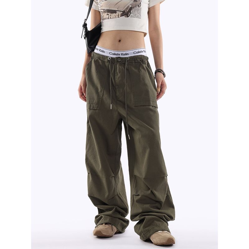 0123Start American-Style Workwear Paratrooper Pants for Women, Loose Wide-Leg Retro Hot Girl Drapey Straight-Leg Casual Pants