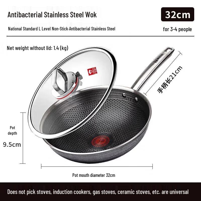 KOBACH 32cm Non-stick Antibacterial Stainless Steel Wok