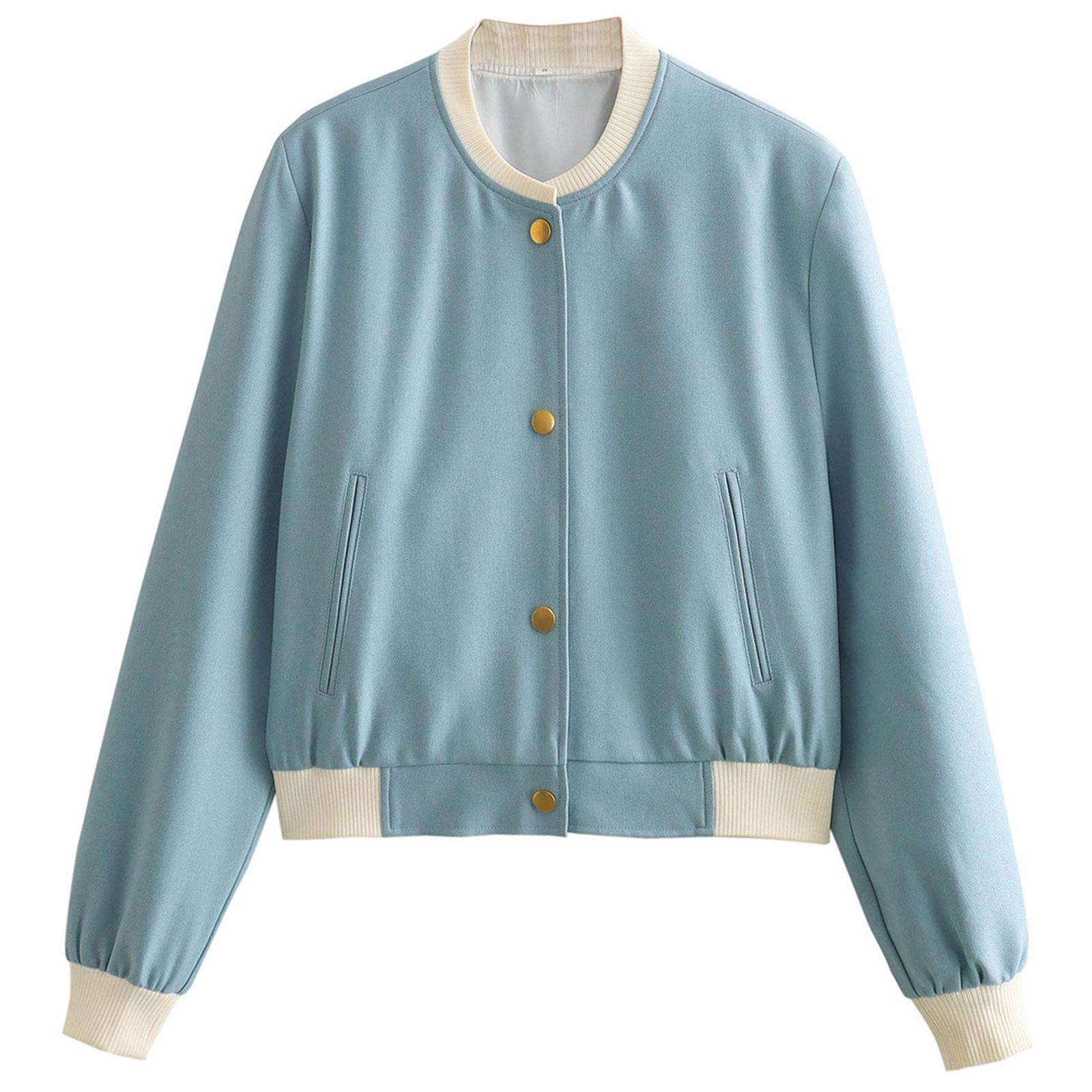 

Женская модная куртка на пуговицах с длинными рукавами и контрастной расцветкой S светло-синий