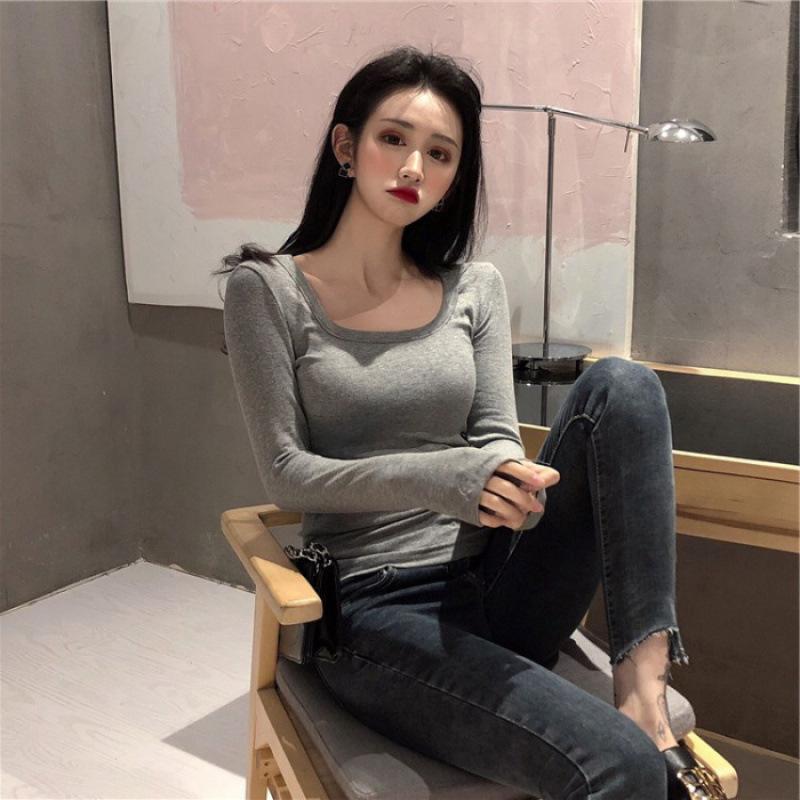 Quality new u-neck T-shirt women s spring and autumn pure desire wind slim-fit long-sleeved top S