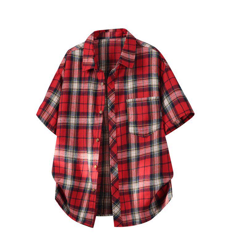 Korean Retro Plaid Plus Size Lapel Short Sleeve Shirt