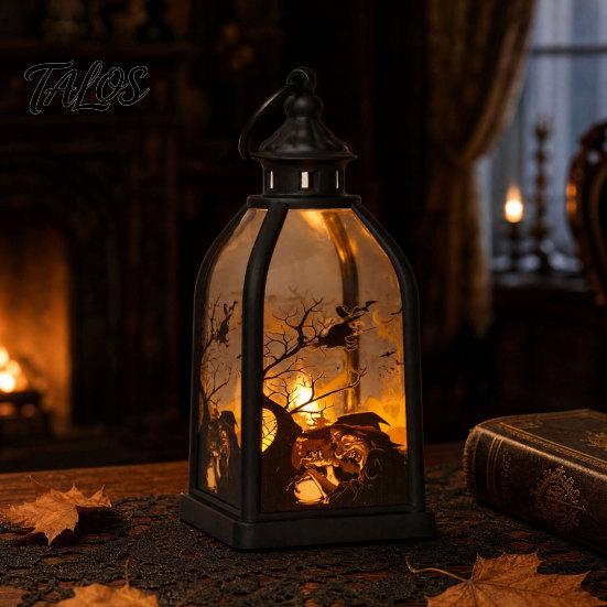 Halloween Candle Lantern, Decorative Spooky Witch Skeleton Pumpkin Tabletop Light for Haunted House, Front Porch, Gothic Home Party Decor