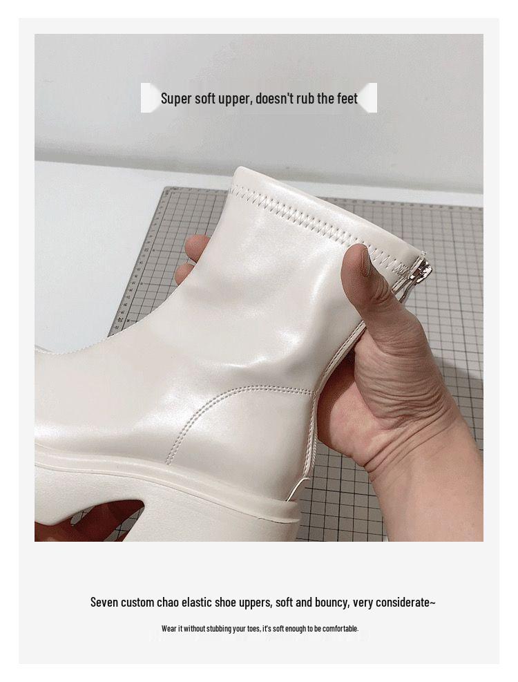 Women's White Platform Ankle Boots - Height-Increasing, Elastic Slim Fit, Genuine Leather Martin Style