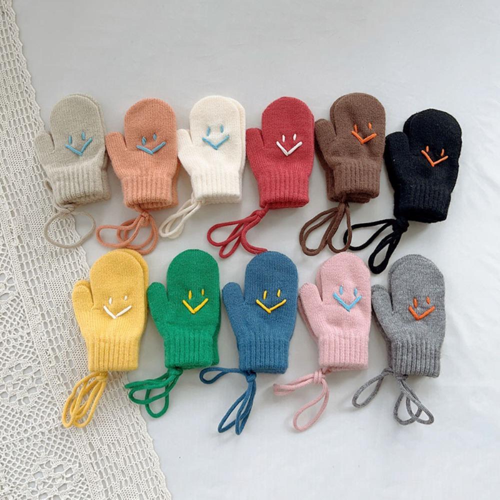 

Вязаные шерстяные перчатки с улыбкой, зимние теплые перчатки с красочными мультяшными однотонными перчатками