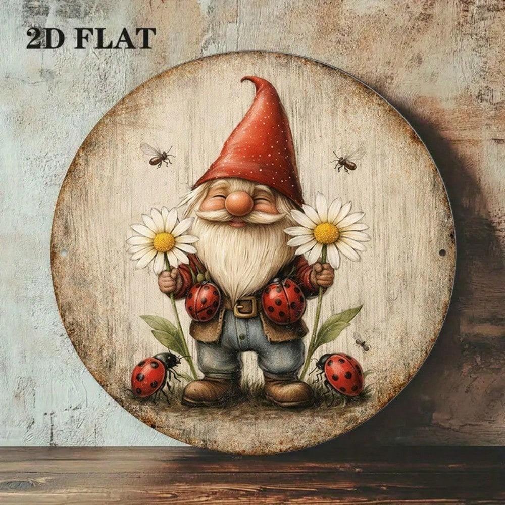 1pc 8x8in Retro Gnome Ladybug Garden Sign Round Metal Plaque Outdoor Porch Wall Decor Yard Patio Hanging Ornament