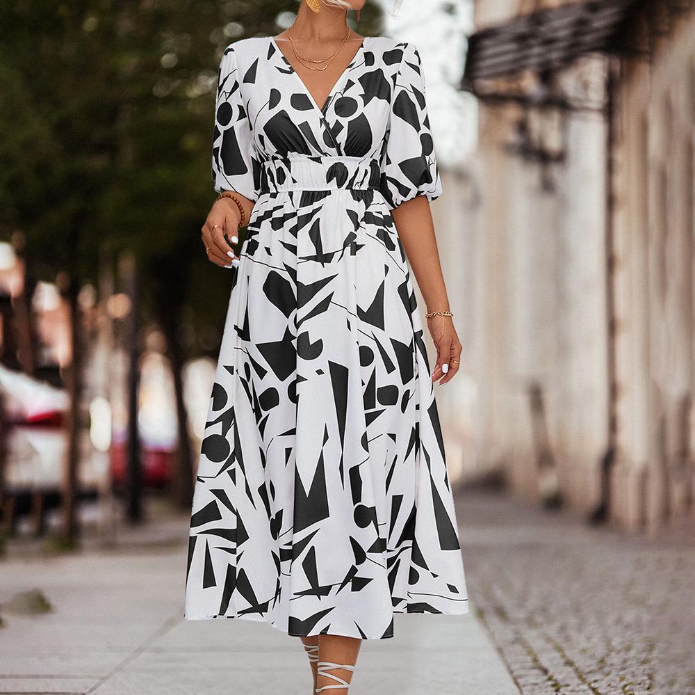 Geometric Pattern Waistband V-neck Long Casual Commuter Dress for Spring Summer Women's Dress Women Clothing
