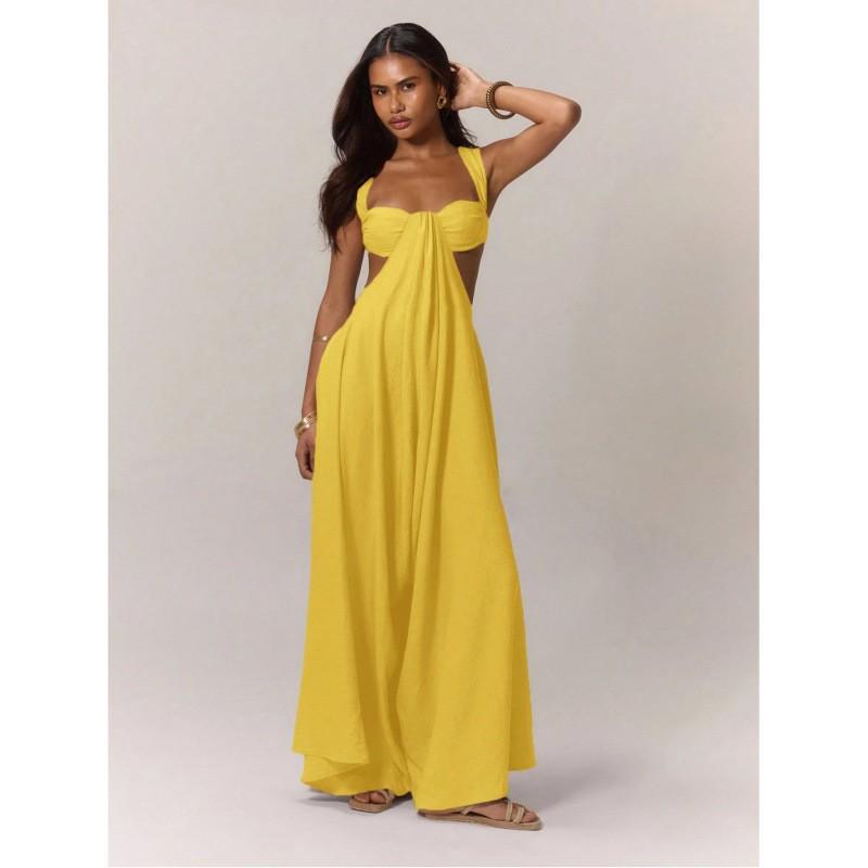 

European American Casual Style New Comfortable Sexy Lace Sling Fashionable Pure Color One-piece XL жёлтый