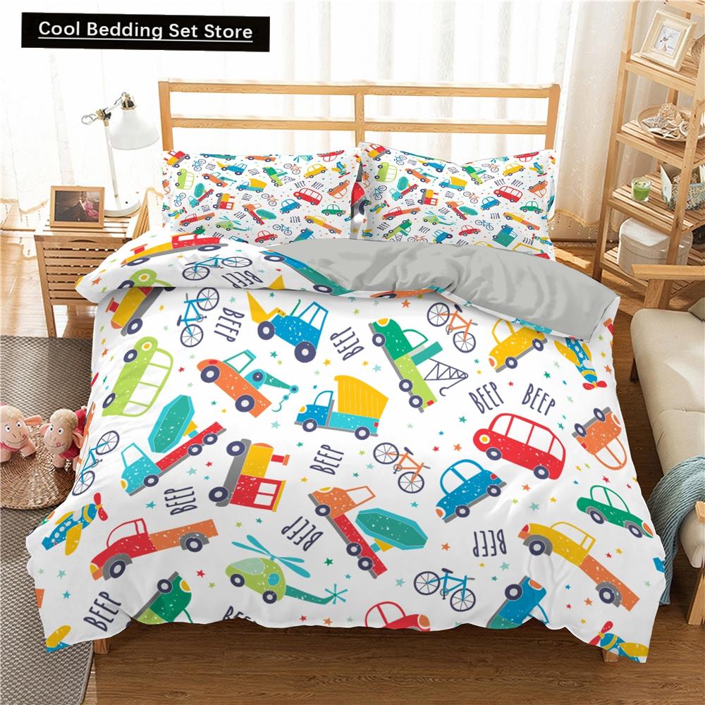 Kreslené Vlakové Ložní Sety 2/3ks Povlak na Peřinu Autíčko Náklaďák Měkký Povlak na Přikrývku Jednolůžko Queen King Size Polyesterový Povlak na Přikrývku