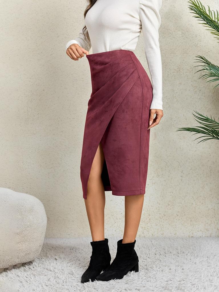 Women's Solid Color Pleated Suede Skirt High Waisted Buckle Wrapped Hip Short Skirt Middle Skirt