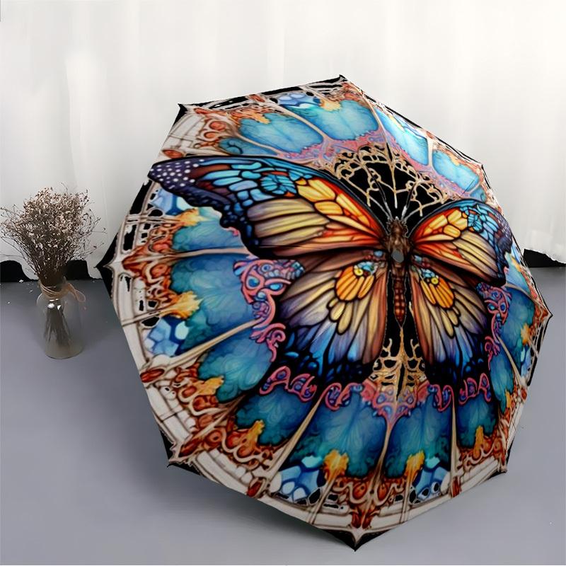 1PC Butterfly Mandala Automatic Open/close Umbrella with 8-Rib Structure for Women/Men, All-Season Use - Travel Essential, Stylish Accessory, Highqual
