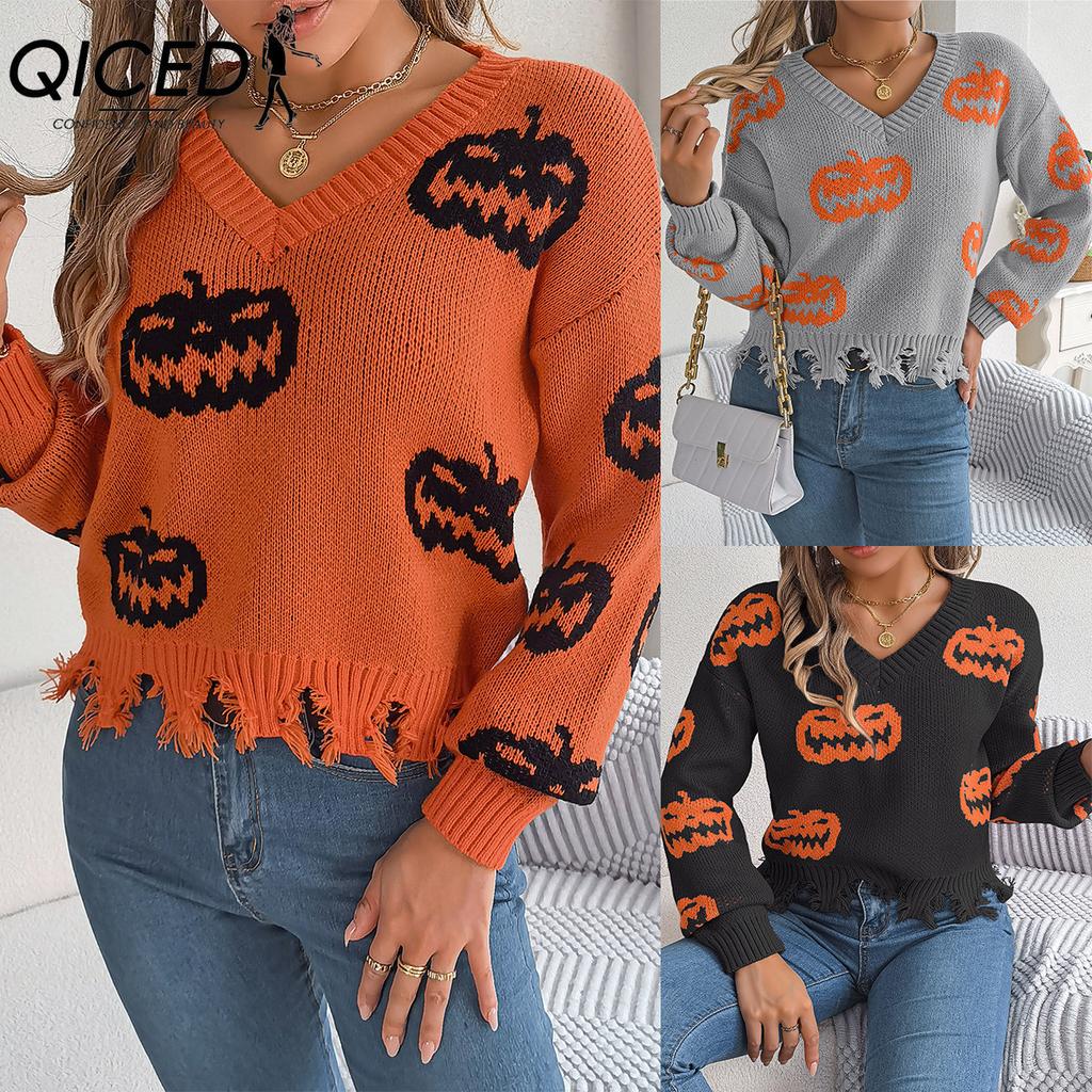 QICED Autumn Winter Halloween Color-blocking Pumpkin Cut-up Long-sleeved Pullover Sweater Women's Clothing