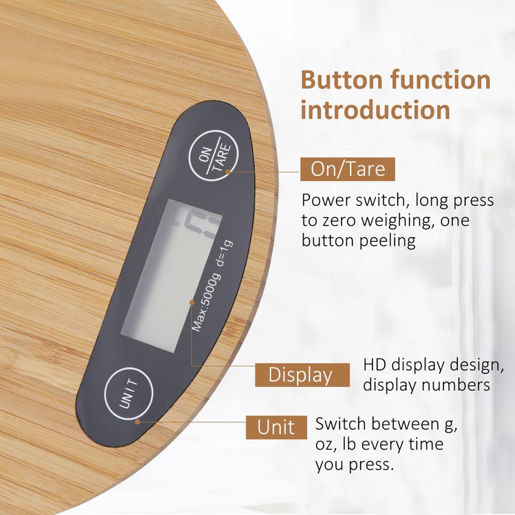 Round Bamboo LED Display Electric Kitchen Weighing Scale Cooking Food 5kg/ 1g
