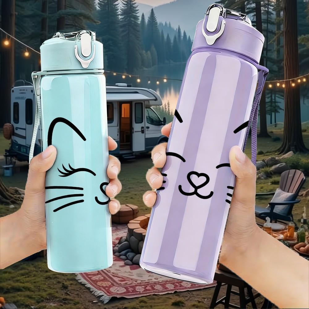 1PC Cute Cat Face Outline Print 750ml Color Plastic Sports Water Bottle Leakproof Flip Straw Lid Suitable for Sports Office Home Use