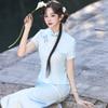 Elegant Blue Modern Chinese-Inspired Long Cheongsam Dress Women 2026 Vintage Fit With Lace Trim