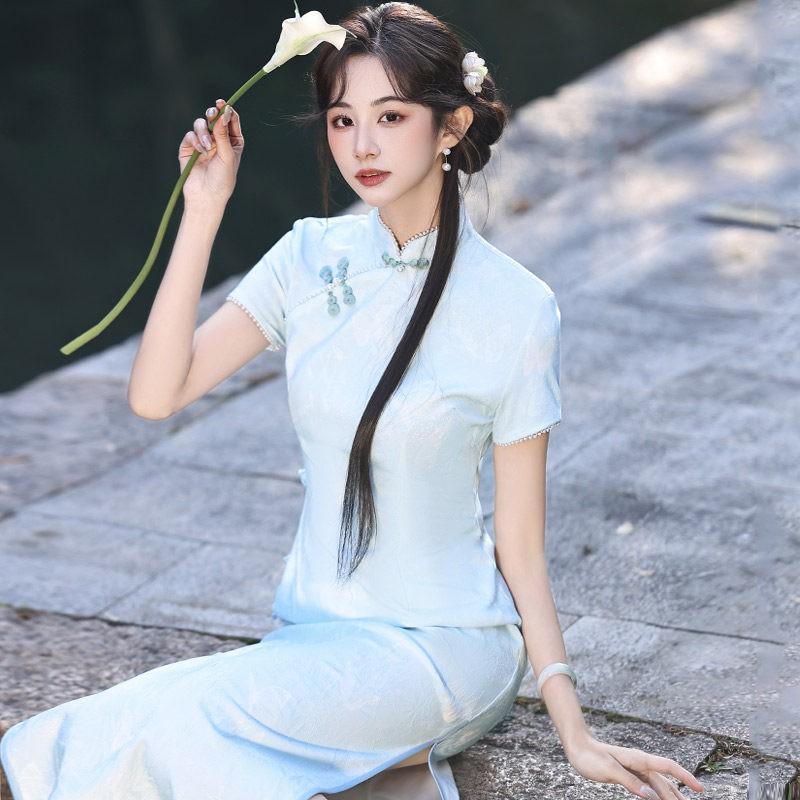 Elegant Blue Modern Chinese-Inspired Long Cheongsam Dress Women 2026 Vintage Fit With Lace Trim
