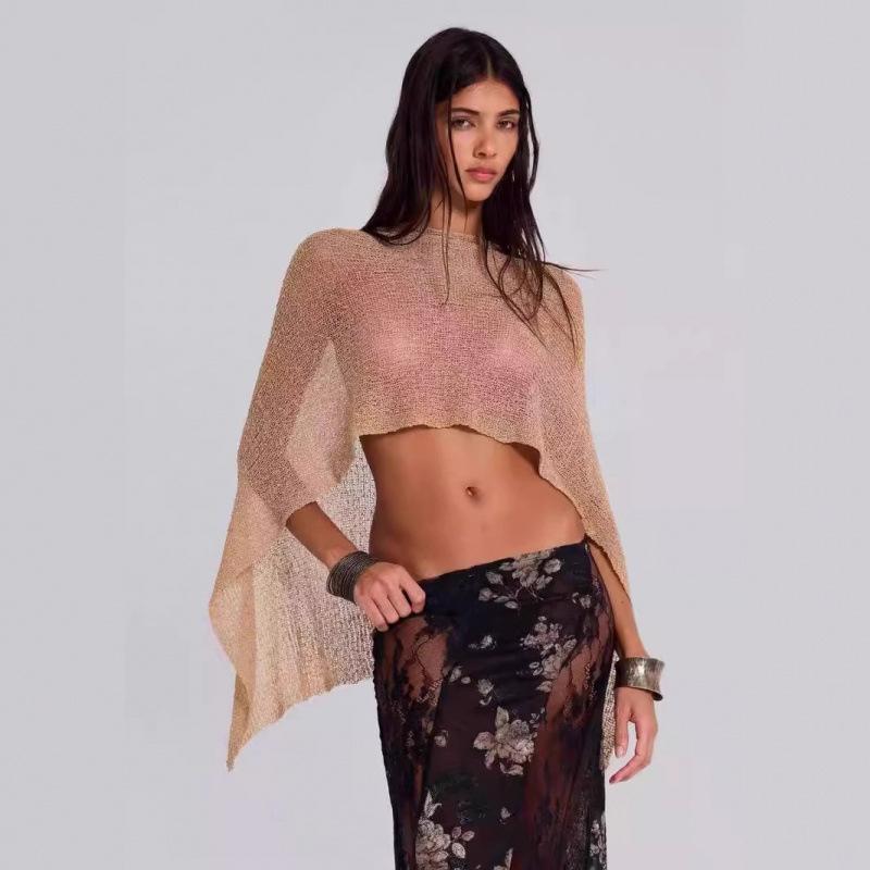 Damen Y2k Unregelmäßiges Sonnenschutzkleid Gestrickte Überwürfe Crop Tops Durchsichtig Einfarbig Unregelmäßig Locker Pullover Sommer Boho Strand T-Shirts