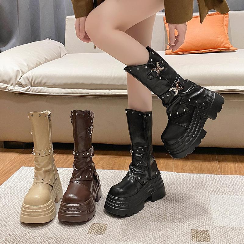 10cm Ultra-high Women's Platform Boots High Quality Leather Short Boots Women's Retro Design Rivet Knight Boots Botas Para Mujer