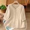 Women Cotton Linen Blouse Vintage Chinese Button Shirt 3/4 Sleeve V Neck Casual Loose Fit Top