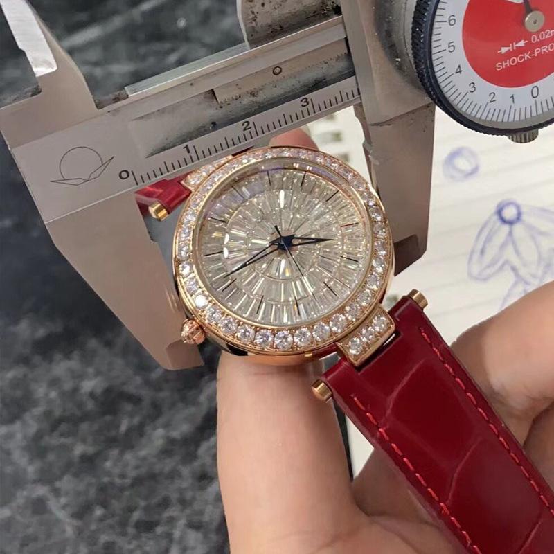 Shigaodi Women's Large Dial Leather Strap Full Diamond Watch, Red Luxury Edition